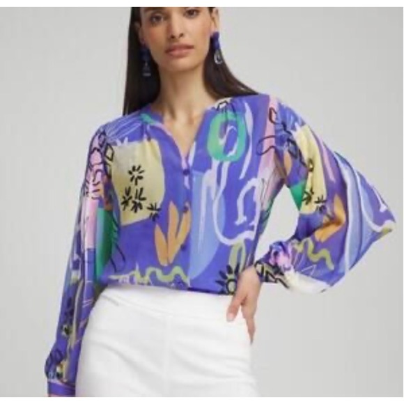 Chico's Tops - Chico's Abstract Print Chiffon Blouse Blue Multi Color Semi Sheer Size 6